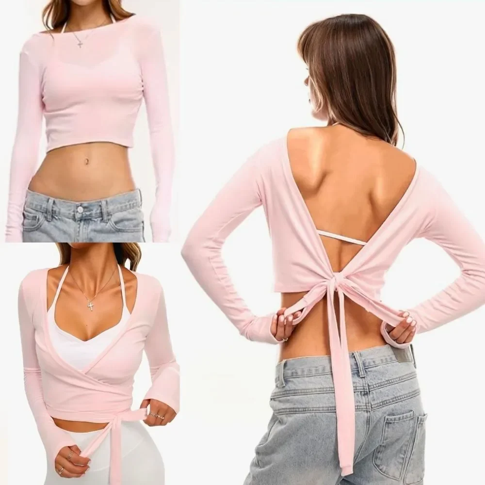 ☔️🔸️🅰️NWT Pink Reversible Crisscross Tie Long Sleeve Top Medium